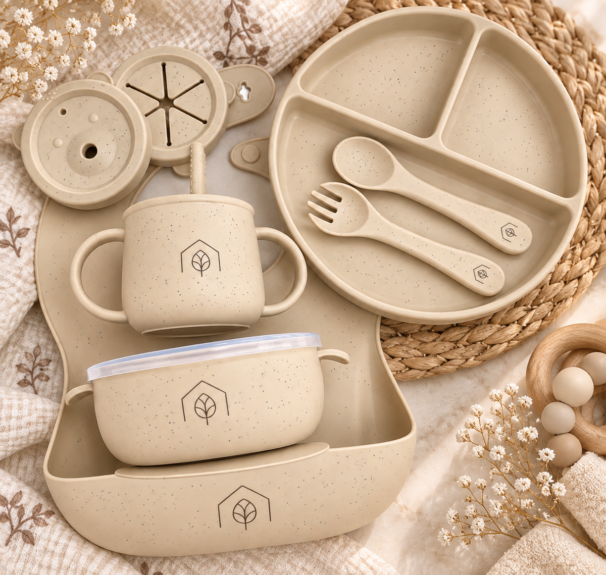 Ensemble vaisselle silicone tacheté-Beige